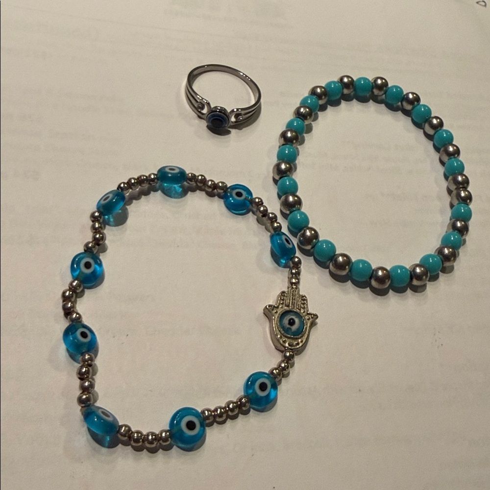Silver and Blue Beaded Hamsa Bracelet Set - (2 Bracelets 1 Evil Eye Ring) - NEW